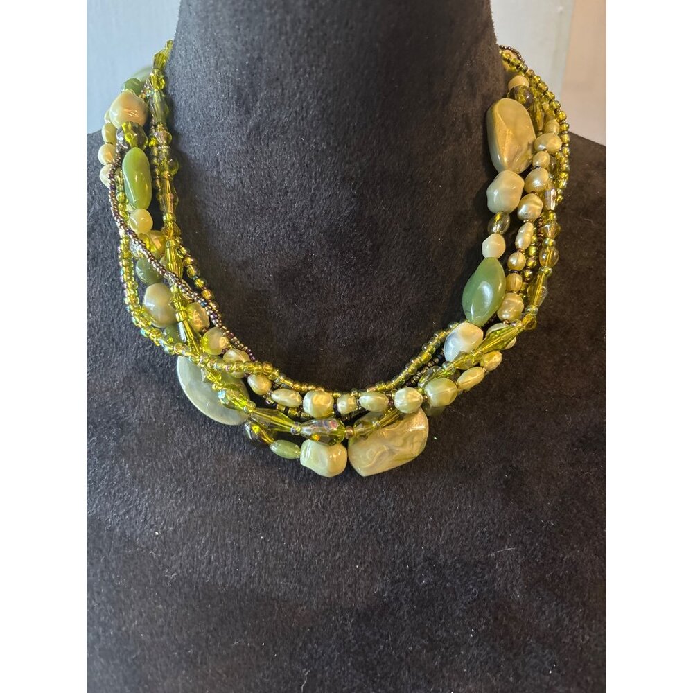 Chunky Bold Multi-Strand Necklace Olive Green Beaded Gemstones Statement Estate